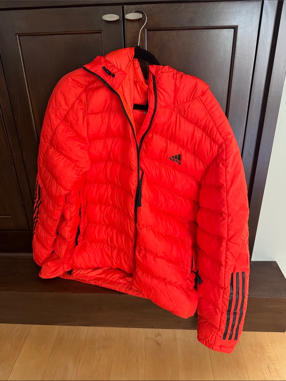 adidas men’s Bright orange Quilted Puffer Jacket with Hood